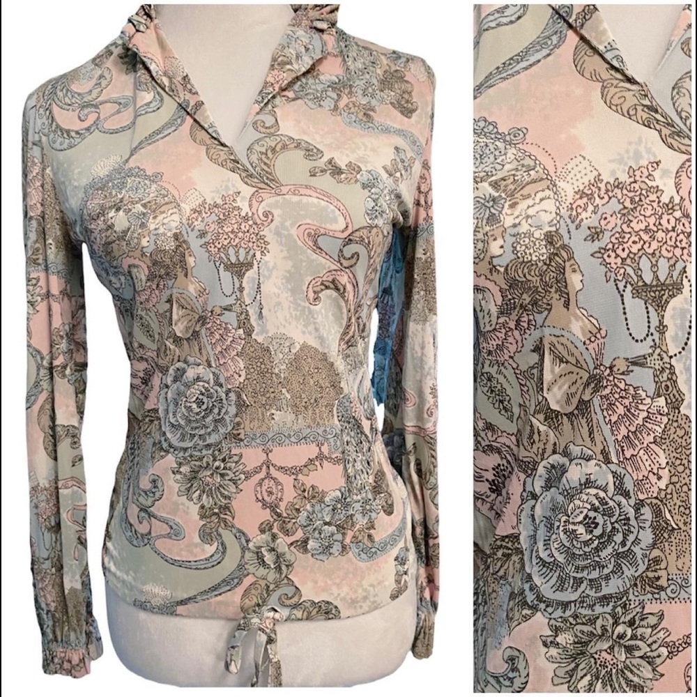 1970s Rococo Inspired Novelty Print Blouse S